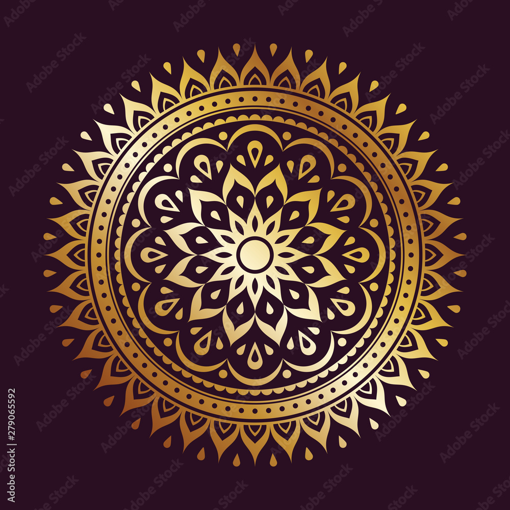 Golden gradient mandala decoration element. Traditional round oriental ornament isolated on brown background. Elegant floral pattern design. Colorful ornamental ethnic vector illustration.