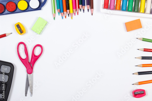 School accessories on white background. Back to school concept. Place for text