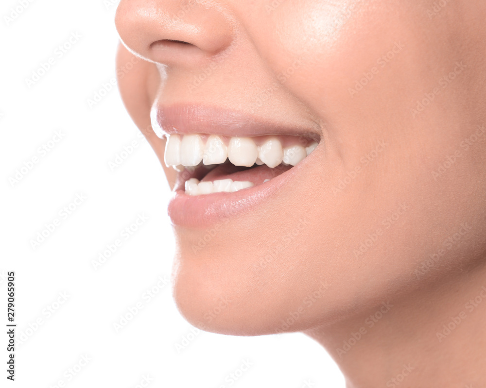 Obraz premium Woman with healthy teeth on white background, closeup