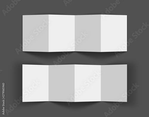3D Accordion fold opened brochure mock-up, eight pages four panel leaflet, concertina fold. blank white 3d render illustration. Pamphlet, Catalog empty mockup for Presentation on dark background.
