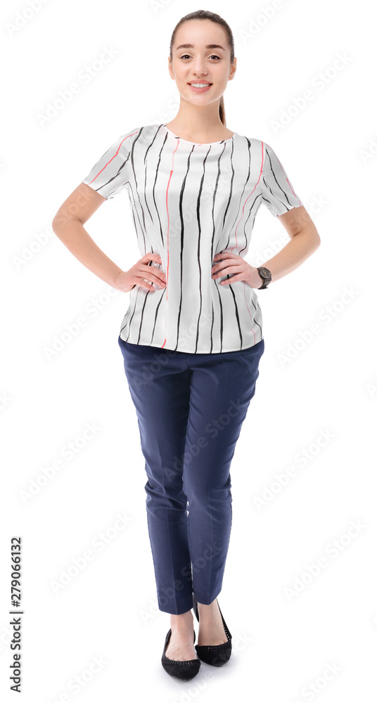 Obraz premium Beautiful young businesswoman on white background