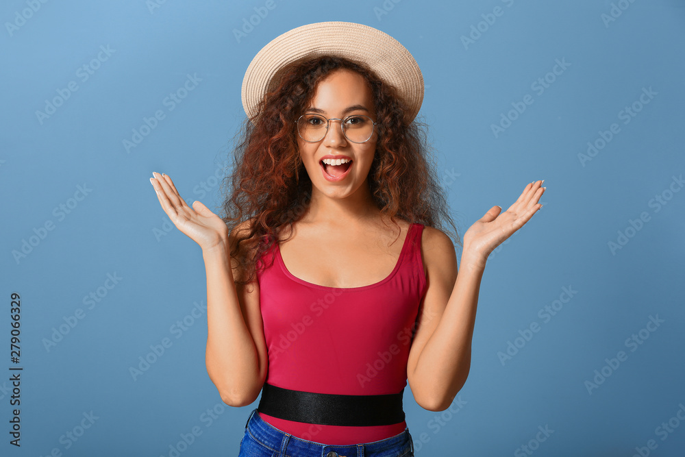 Emotional young woman on color background Emotional young woman on color background