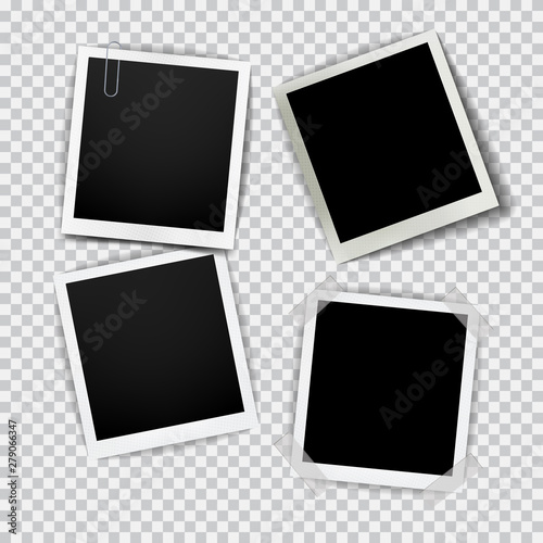 Old empty realistic photo frame with transparent shadow on plaid black white background