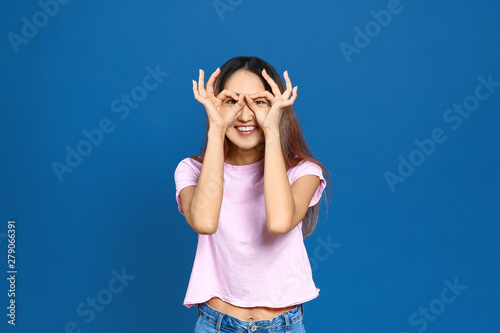 Funny Asian woman on color ...