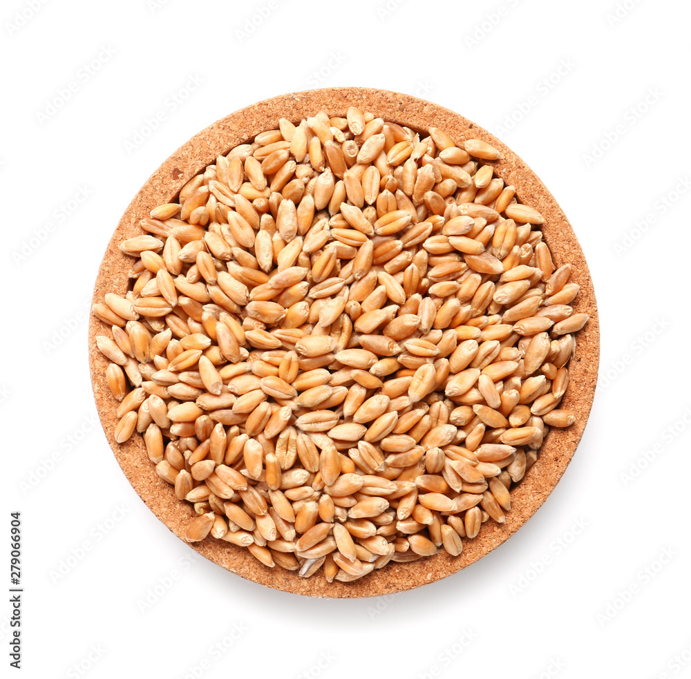 Plate with wheat grains on white background