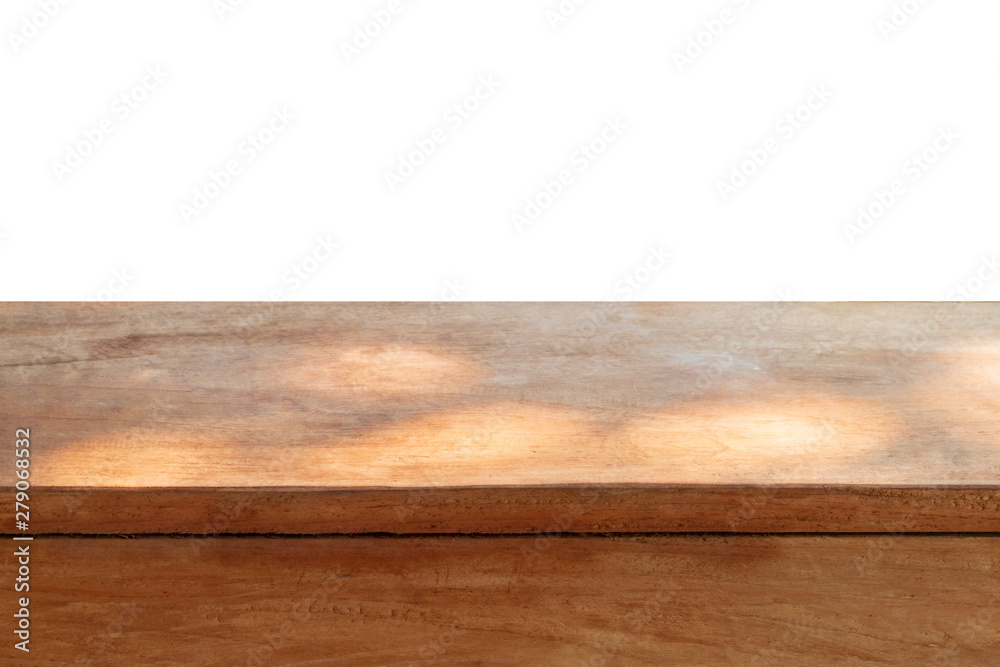 Empty wooden table top isolated on white background