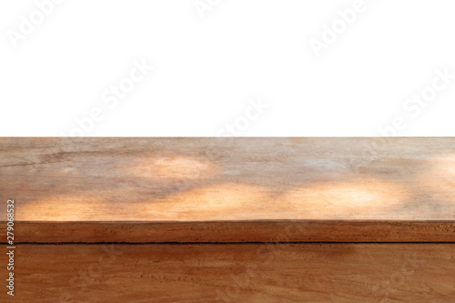 Empty wooden table top isolated on white background