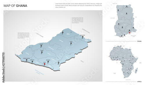 Vector set of Ghana country. Isometric 3d map, Ghana map, Africa map - with region, state names and city names.