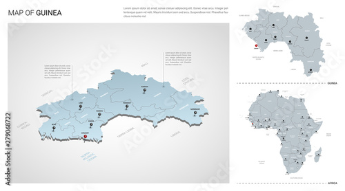 Vector set of Guinea country.  Isometric 3d map, Guinea map, Africa map - with region, state names and city names.