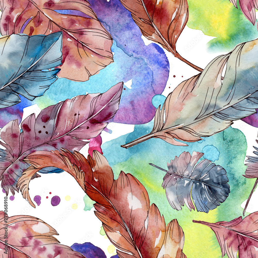 Colorful bird feather from wing isolated. Watercolor background illustration set. Seamless background pattern.