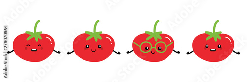 Set, collection of cute and happy cartoon style red tomato characters for menu, organic food and harvest design.
