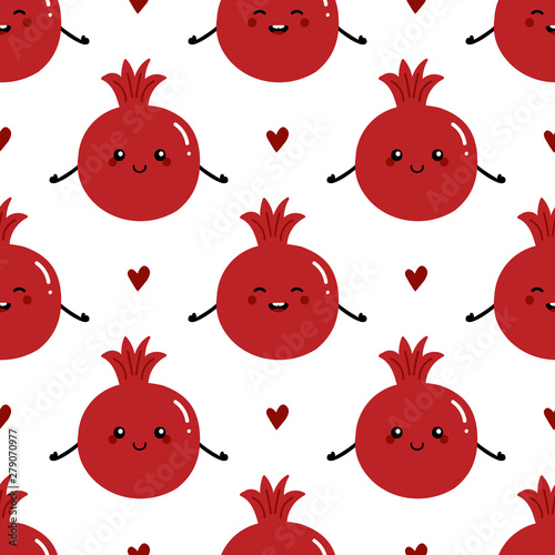 Cute vector seamless pattern background with smiling pomegranate characters and hearts.
