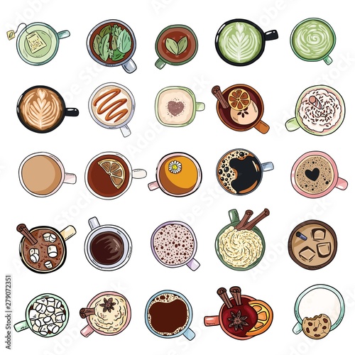 Set of cute yummy beverages. Cups of tea and coffee doodles. Hand drawn cartoon style collection of doodles