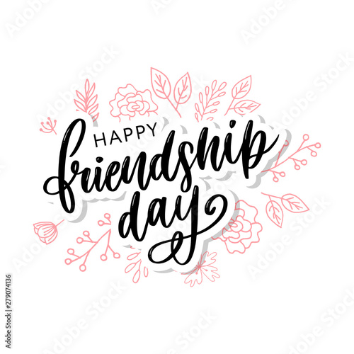 Vector illustration of hand drawn happy friendship day felicitation in fashion style with lettering text sign and color triangle for grunge effect isolated on white background © 1emonkey