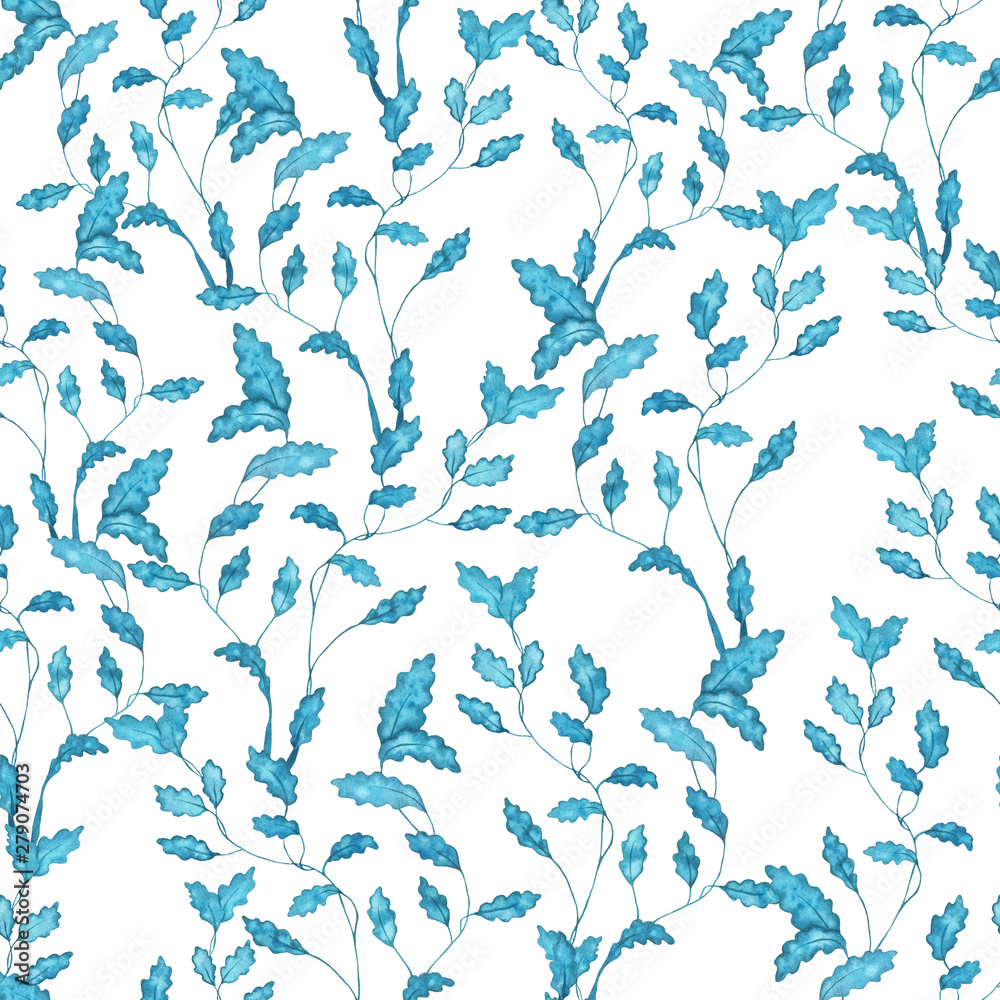 Seamless watercolor pattern of blue algae on a white background. Seamless watercolor pattern of blue algae on a white background.
