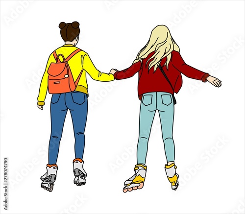 Two Girls Ride on Roller skates, Rear view. Blonde and Brunette in jeans Riding on rollers. Modern flat Vector illustration on white background.