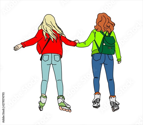 Two Girls ride on Roller skates, Rear view. Blonde and Redhead in jeans ride on rollers. Modern flat Vector illustration on white background.