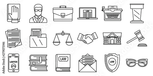 Lawyer justice icons set. Outline set of lawyer justice vector icons for web design isolated on white background