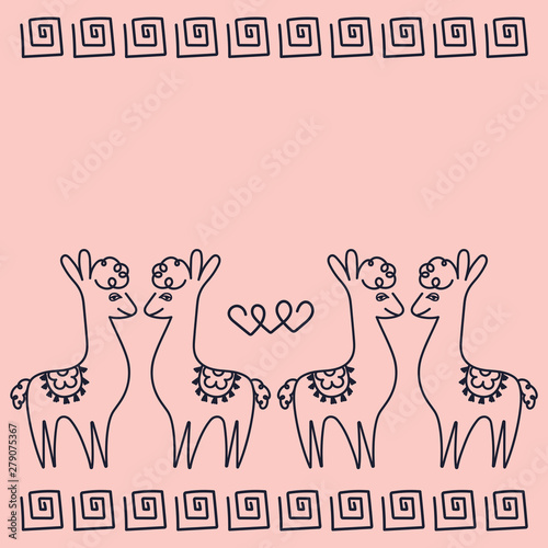 Vector design for greeting cards, invitations, posters, space for text . Couples in love alpacas, hearts, Greek ornament. Suitable for Valentine's Day, birthday, party