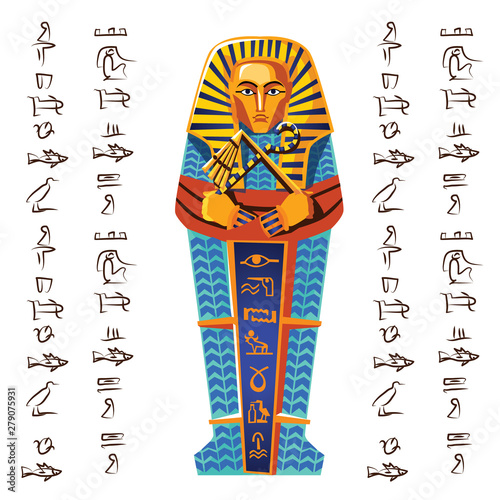 Ancient Egypt vector cartoon illustration. Egyptian culture symbol, golden or stone pharaoh sarcophagus with hieroglyphs, part of religious cult of dead, isolated on white background, top view