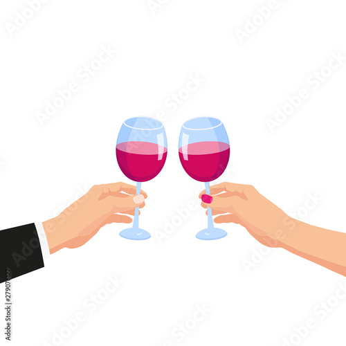 Clinking glasses, hands holding glasses of red wine