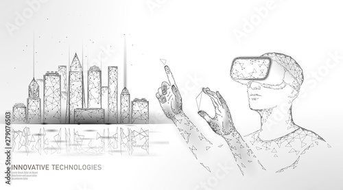 Low poly smart city intelligent building automation. VR helmet augmented reality visualize creation concept. Architecture urban cityscape technology sketch banner vector illustration