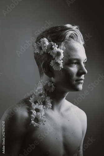 guy, flowers, young, young, hairstyle, image, soft, spring, figure, view, beautiful, Caucasian, athletic, black, background, daisies, cute, boy