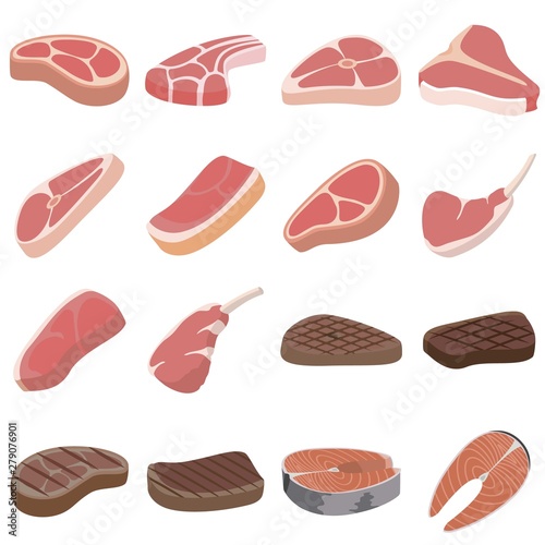 Steak icons set. Flat set of steak vector icons for web design