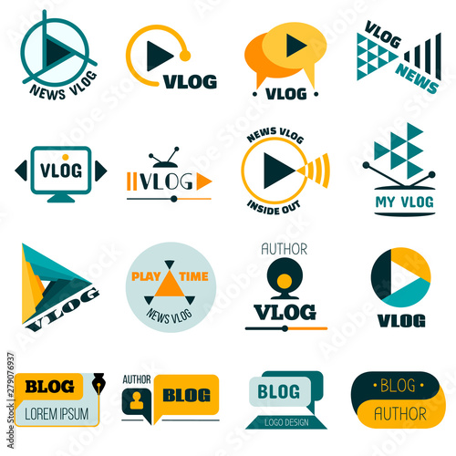 Vlog logo set. Flat set of vlog vector logo for web design