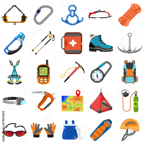 Mountaineering equipment icons set. Flat set of mountaineering equipment vector icons for web design