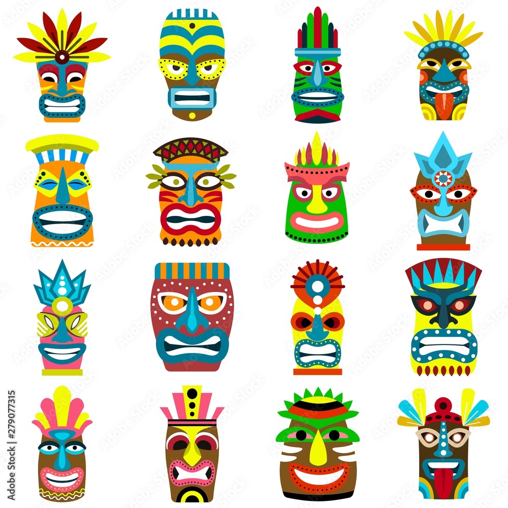 Tiki idols icons set. Flat set of tiki idols vector icons for web design Tiki idols icons set. Flat set of tiki idols vector icons for web design