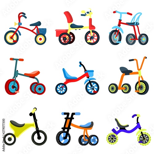 Tricycle icons set. Flat set of tricycle vector icons for web design