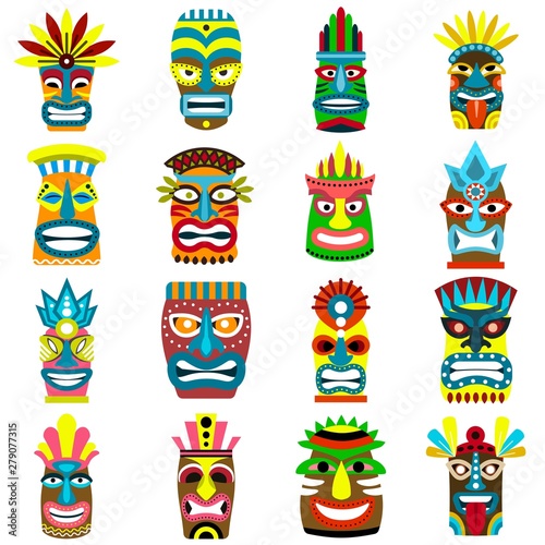 Tiki idols icons set. Flat set of tiki idols vector icons for web design