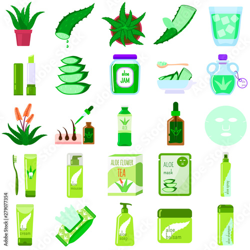 Aloe vera icons set. Flat set of aloe vera vector icons for web design