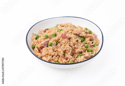 Japan rice fired with peas on isolated white background