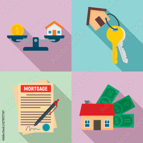 Mortgage icons set. Flat set of mortgage vector icons for web design