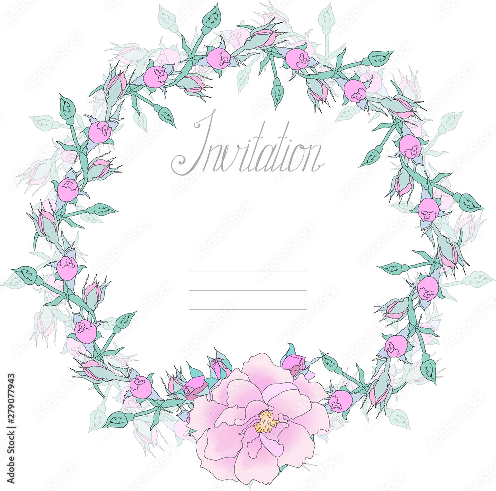 Isolated on white vector tangle made of rose's buds, flower ans leaves with word invitation - ideally as invitation template in classic design