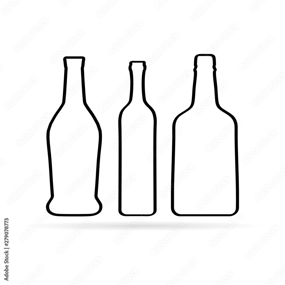 Silhouettes of different glass wine bottles. Set bottles silhouettes in different shapes. Silhouettes of different glass wine bottles. Set bottles silhouettes in different shapes.