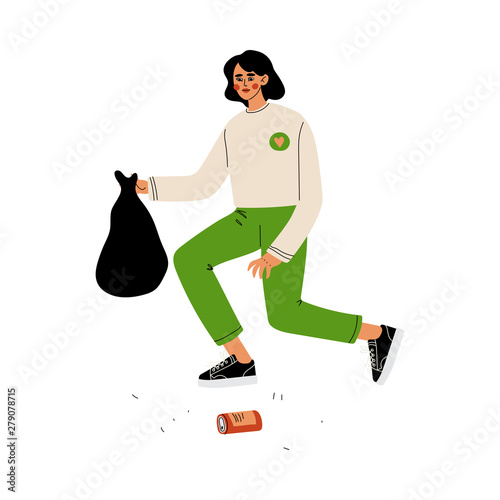 Female Volunteer Gathering Garbage and Plastic Waste, Volunteering, Ecological Lifestyle, Vector Illustration