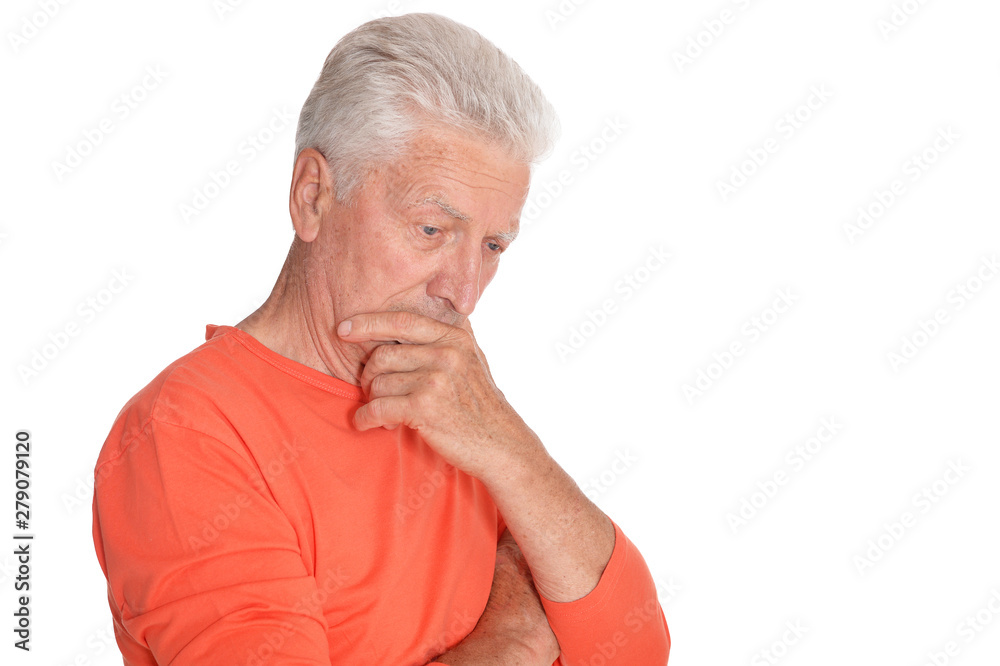 Thoughtful senior man posing on white background Thoughtful senior man posing on white background
