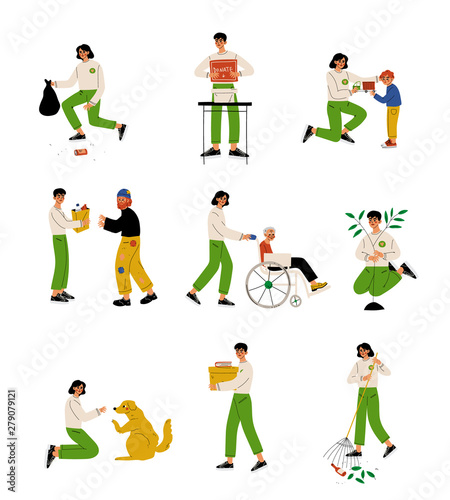 Volunteers Helping People, Animals, Planting Trees and Gathering Garbage Set, Volunteering, Charity and Supporting People Vector Illustration