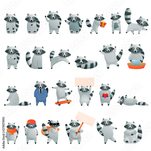 Raccoon icons set. Cartoon set of raccoon vector icons for web design photo
