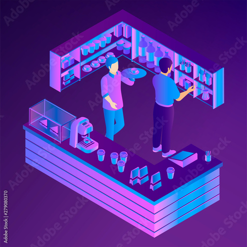 Neon cafe bar counter. Isometric vector