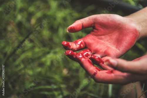 Close up of bloody hands in dark forest background. Horror and ghost concept. Criminal and murder concept. Halloween day and sacrifice theme. People and religion theme. Open the palm of the hands.