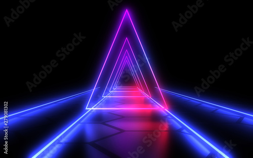 3D abstract tunnel with neon lights. 3d illustration