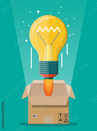 Light idea bulb ejected from cardboard box. Concept of startup, creative idea, leadership, business success or inspiration. Glass bulb with spiral in flat style. Vector illustration