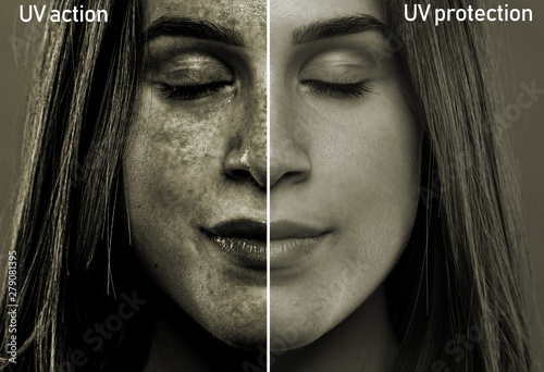 A split screen showing the results of sun rays on the soft face of a girl in her early twenties. After effects of skin with and without UV protection.