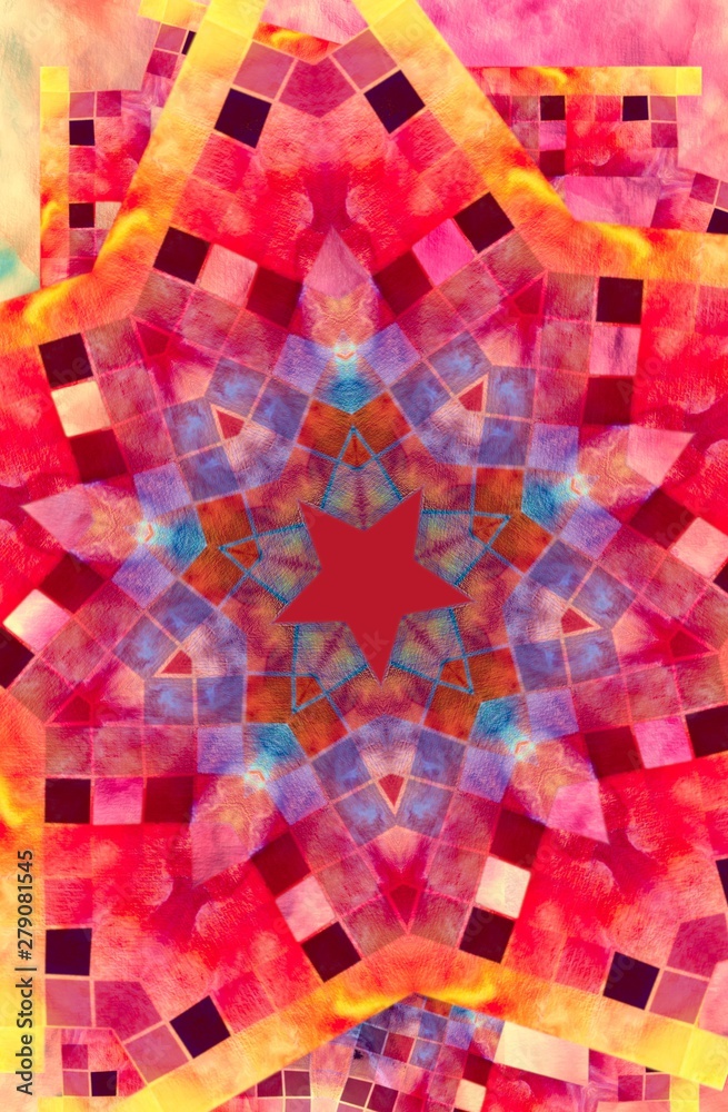 Colorful mosaic star pattern. Bright square tiles in vertical geometric kaleidoscope. Colorful mosaic star pattern. Bright square tiles in vertical geometric kaleidoscope.