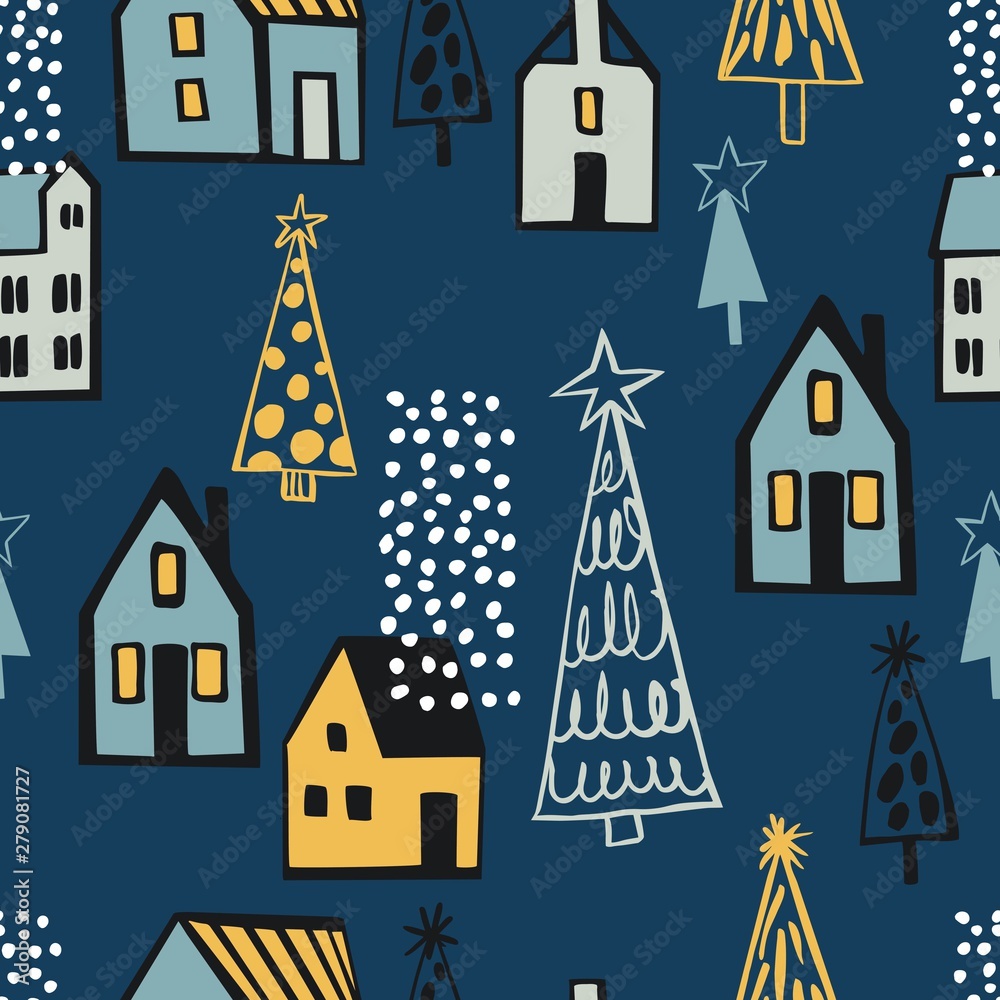 Vector seamless pattern with hand drawn Christmas Trees and houses.  Sketch illustration
