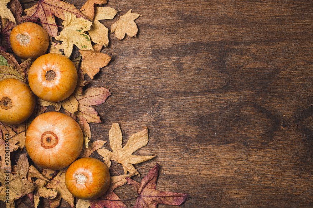 Autumn leaves and vegetables copy space Autumn leaves and vegetables copy space